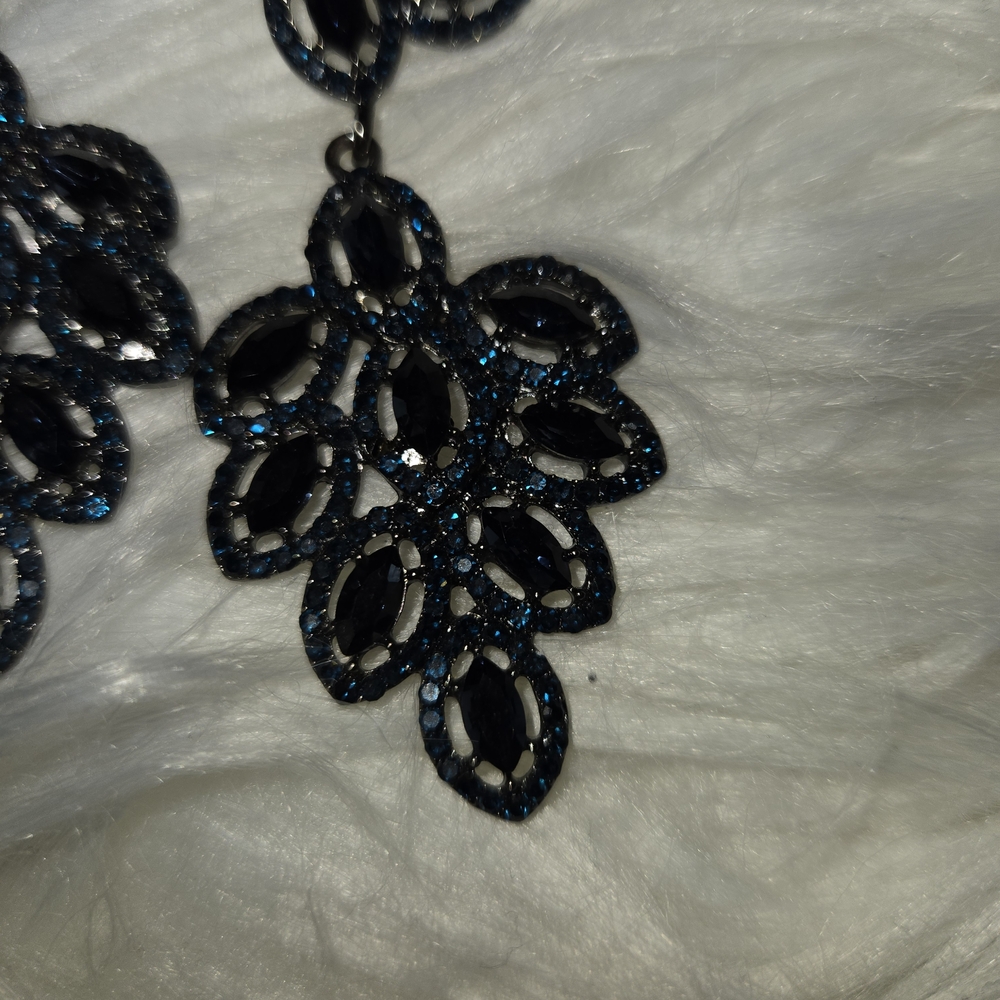 Chandelier Navy Black Rhinestone Vintage Earrings - Picture 3 of 4